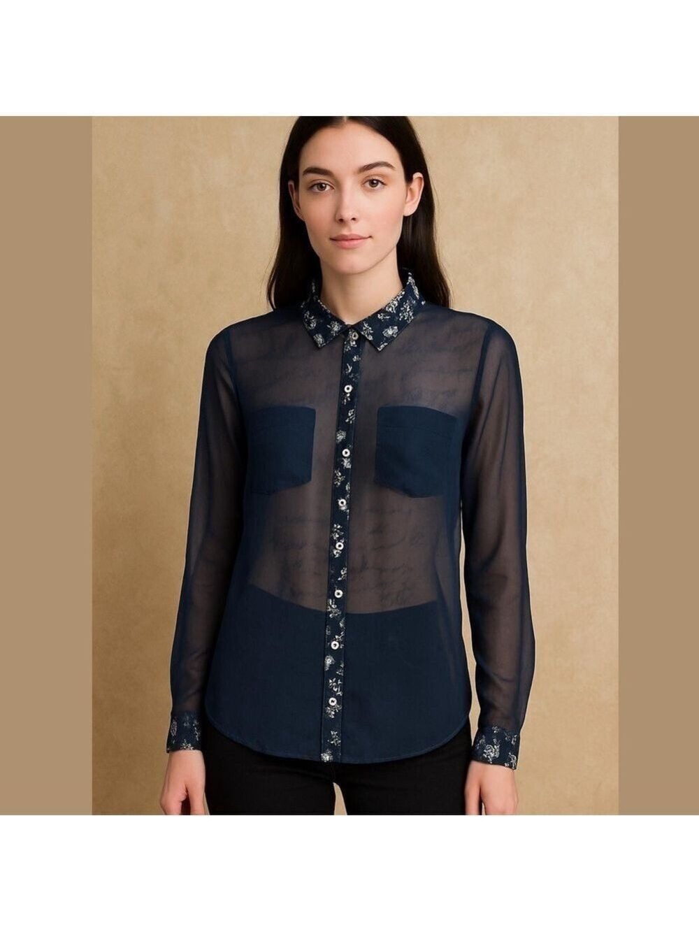 Abercrombie Fitch Women BLUE Chiffon Roll Tab Button Up Shirt Sheer Blouse Top M